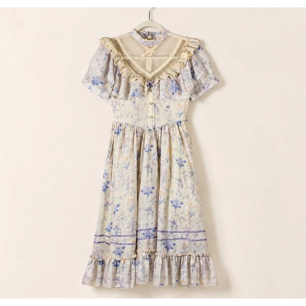 With PUJI Floral Classic Lolita Dress S Cottagecore Fairycore Ruffle Lace Ivory